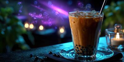 Enjoying a refreshing bubble tea on a cozy evening with soft lights and captivating ambiance photo