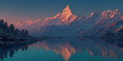Majestic snow-capped mountains reflected in a serene lake at twilight overlooking a tranquil landscape photo