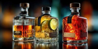 Display of three elegant whiskey bottles showcasing unique blends at a stylish bar during the evening hours photo
