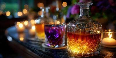Colorful beverages and candles create a cozy atmosphere in a warmly lit setting during an evening gathering photo