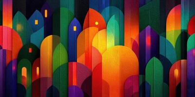 Vibrant cityscape mural showcases colorful buildings and artistic designs in urban setting photo