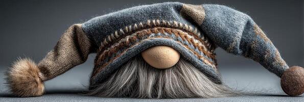 Unique handmade gnome figure with a whimsical hat displayed on a neutral backdrop during a craft exhibition photo