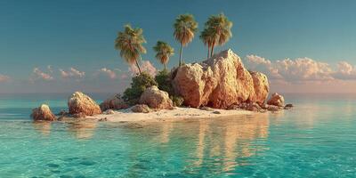 Tropical paradise with palm trees and clear blue water at sunset on a remote island photo