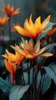 Vibrant orange flowers bloom amidst lush green leaves in a serene garden setting at dawn photo