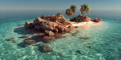 Tropical island landscape with clear water and palm trees in a serene ocean setting at sunrise photo