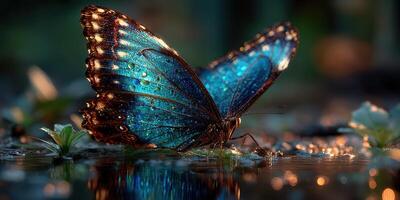 Colorful blue butterfly resting on wet ground under soft light in a serene natural environment photo