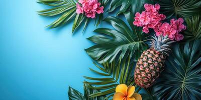 Tropical arrangement of pineapple and vibrant flowers set against a bright blue background photo