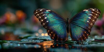 Colorful butterfly resting on water surface among vibrant flowers in a serene garden at dusk photo