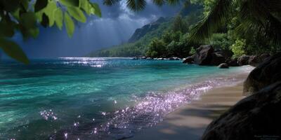 Tranquil beach on a cloudy day with gentle waves and sparkling water under the sun photo