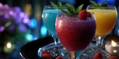 Colorful frozen drinks on a tray at a vibrant evening gathering by the beachside photo
