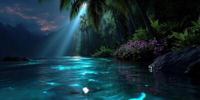 Calm waters reflect moonlight in a serene tropical landscape with vibrant flora photo