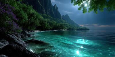 Ocean waves gently lap against rocky shore under moonlight illuminating lush green mountains and serene waters photo