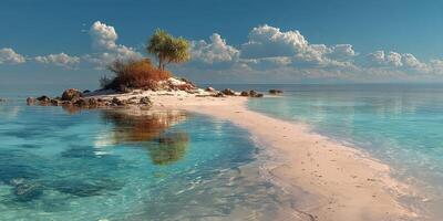 Serene tropical island with clear waters and sandy beach under a bright blue sky in a tranquil setting photo