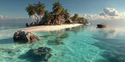 Tropical island paradise with clear turquoise waters and palm trees under a bright sky at midday photo