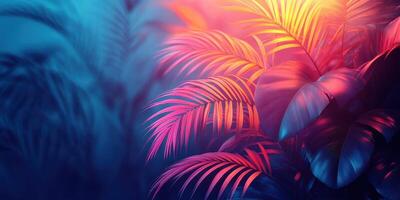 Vibrant tropical leaves illuminated by colorful lighting in a lush environment photo