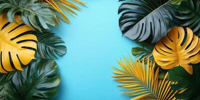 Vibrant arrangement of tropical leaves on a bright blue background for summer decoration or design inspiration photo