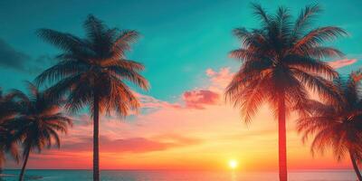 Vibrant sunset over tranquil ocean with palm trees lining the shore at a beach photo