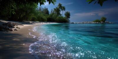 Serene beach landscape with clear turquoise waters and lush greenery during twilight hours photo