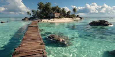 Island retreat with a rustic wooden dock leading to calm turquoise waters and tropical landscape in the distance during a sunny day photo