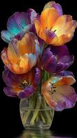 Colorful tulips arranged in a clear vase creating a vibrant display in a modern setting photo