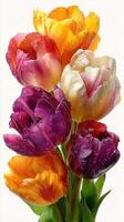 Colorful bouquet of tulips with raindrops captured in a bright indoor setting during springtime photo