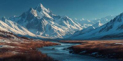 Majestic snow-capped mountains reflect in a tranquil river during early morning light in a remote valley photo
