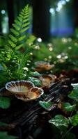 Vibrant mushrooms and ferns in a lush forest during early morning light photo