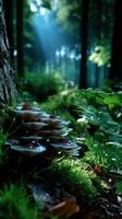 Lush forest scene showcasing mushrooms illuminated by sunlight filtering through the trees photo