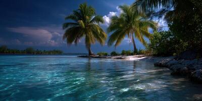 Calm tropical beach with palm trees under a dramatic sky at sunset photo