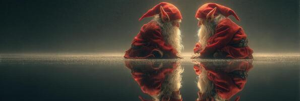Two whimsical elves in red attire sit facing each other across a reflective surface during a festive celebration photo
