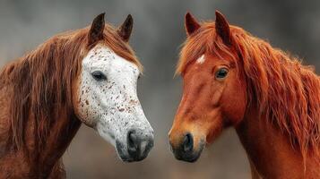 Two horses with unique coats standing close together in a serene natural setting during the early morning light photo