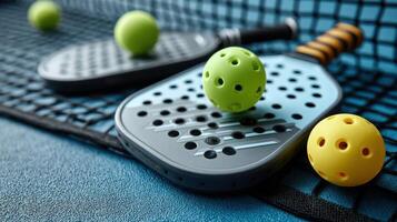 Pickleball paddles and balls arranged at the net in an indoor sports facility during daytime training session photo