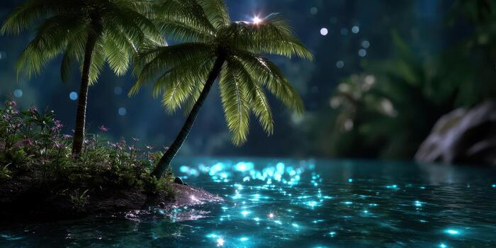 Serene twilight at a tropical waterway with vibrant reflections and lush palm trees photo