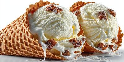 Creamy vanilla ice cream cones dripping with syrup and topped with crunchy bits during a warm summer day photo