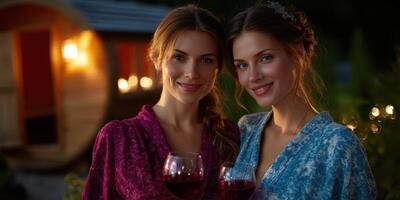 Two friends enjoying wine in cozy robes at night under fairy lights in a serene outdoor setting photo
