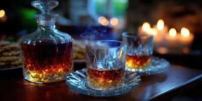 Warm evening gathering with whiskey glasses and flickering candlelight on a cozy table photo