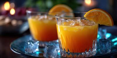 Refreshing orange cocktails served on a tray with ice in a cozy evening setting with soft lighting photo