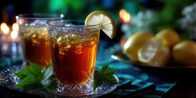 Refreshing iced tea served with lemon slices in a cozy evening setting with soft candlelight photo