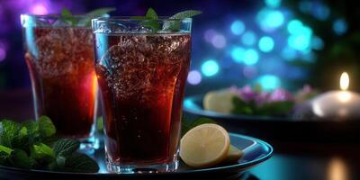 Refreshing glasses of iced tea with mint and lemon served on a table in a cozy, ambient setting during evening hours photo