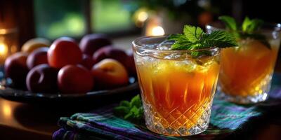 Refreshing iced tea with mint and peach in a cozy setting during a summer afternoon photo