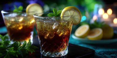 Refreshing cocktail with lemon served on a vibrant table with greenery and warm ambiance at a gathering photo