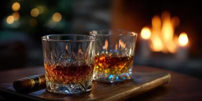 Warm ambiance with two glasses of whiskey and a lit fireplace at a cozy gathering photo