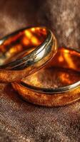 Beautiful gold wedding rings displayed on elegant fabric background with soft lighting creating a warm ambiance for love and commitment photo