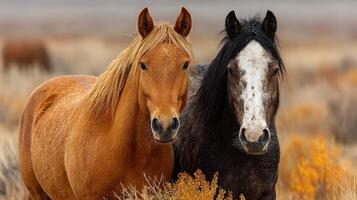 Wild horses stand together in an open field during early morning in a serene landscape photo