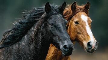 Horses standing close together in a field during a cloudy day in early autumn photo