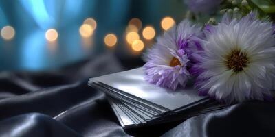 Colorful flowers placed beside blank cards on a silky surface with soft bokeh lights in the background during a cozy evening photo