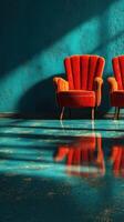 Bright red chairs reflect on a shiny floor beneath sunlight in a vibrant room with teal walls photo