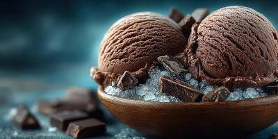 Indulgent chocolate ice cream served in a wooden bowl with chocolate chunks on a blue background photo