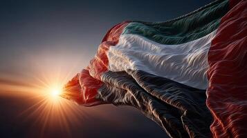 Sudanese flag waving in the wind against a vibrant sunset sky highlighting national pride and unity photo