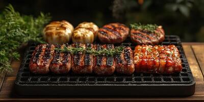 Grilled meats and vegetables served on a barbecue platter during a summer evening gathering photo